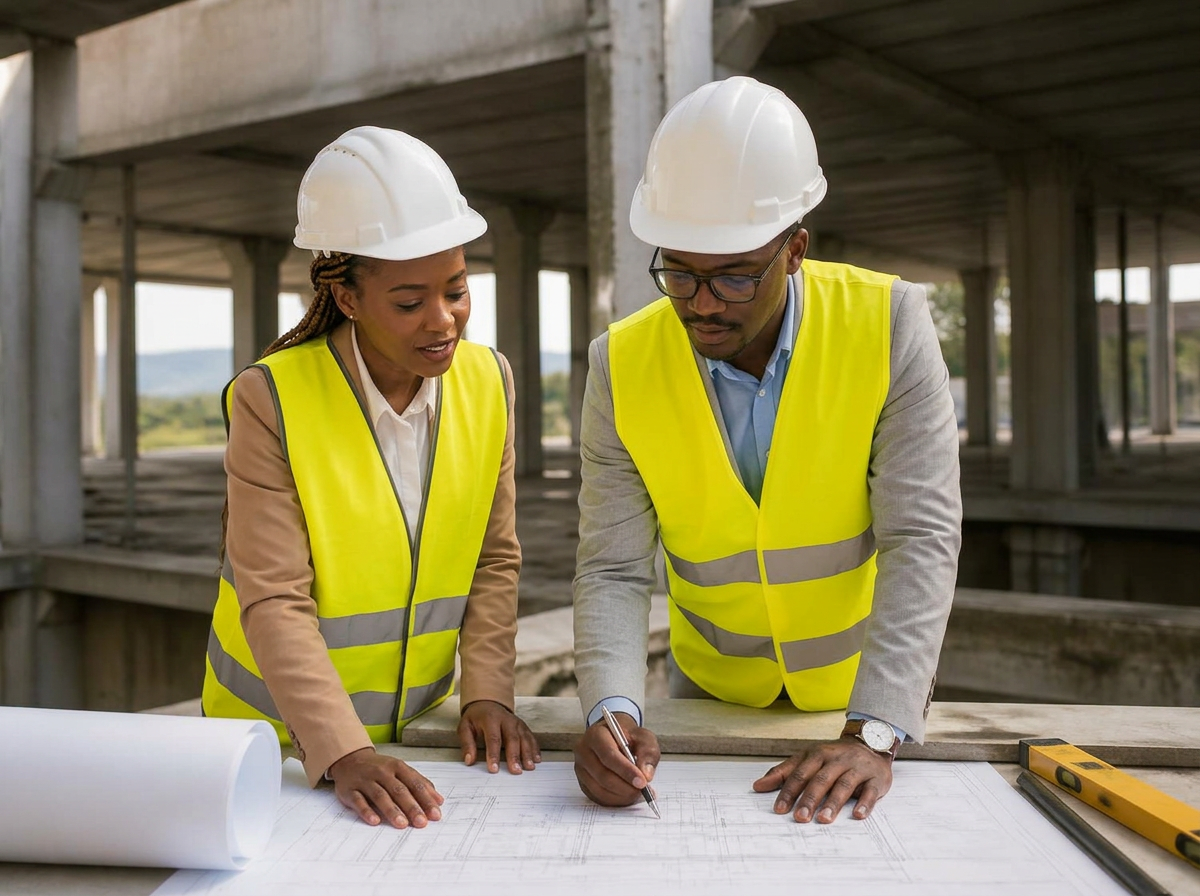 Two construction professionals in hard hats reviewing building plans on site