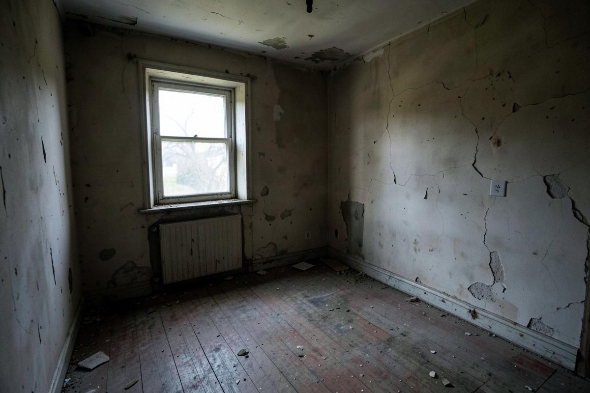 Tired interior room with damaged walls before renovation