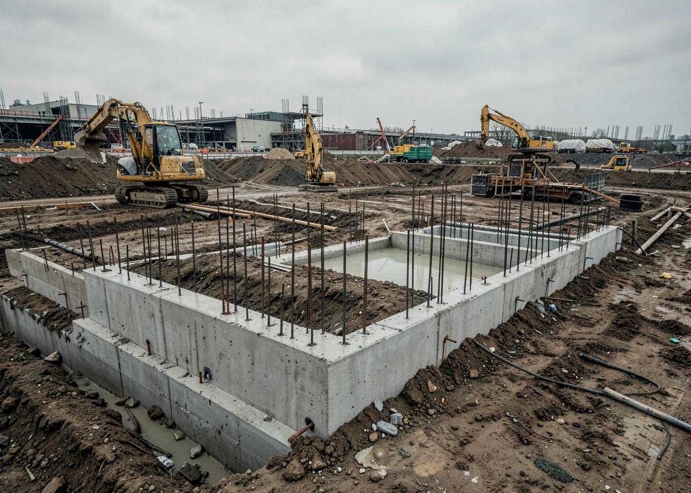 Civil works site with reinforced concrete foundations and excavators