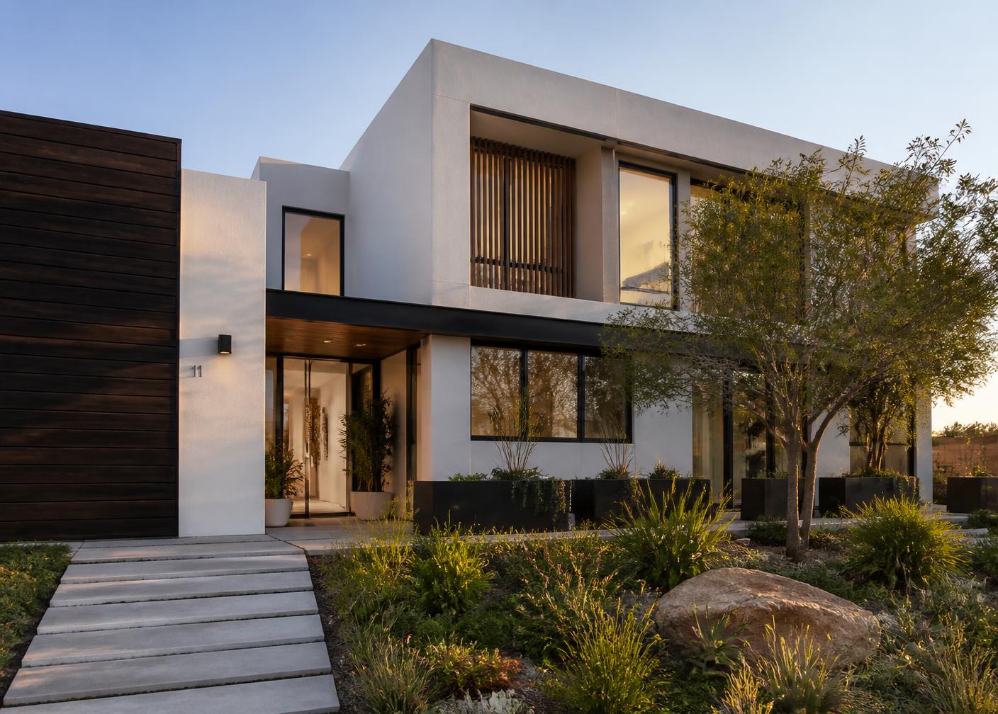 Completed modern family home with clean geometric architecture